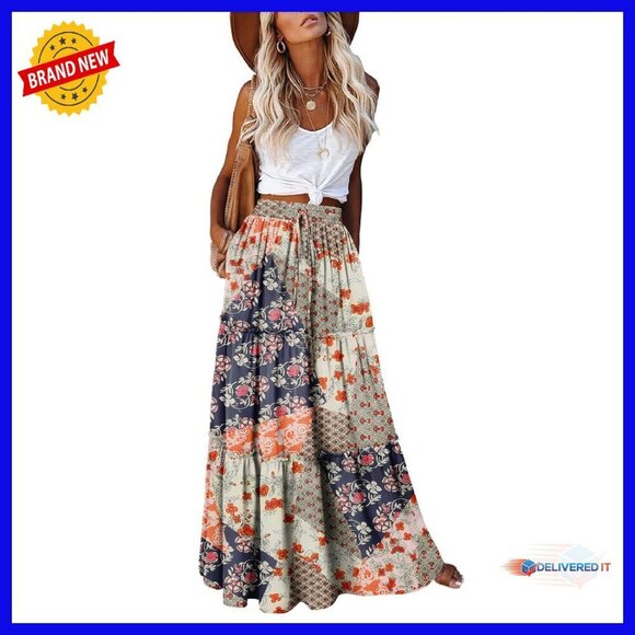 Dresses & Skirts - High Waist Maxi Skirt with Pockets, Polyester, Flowy Festival Wear